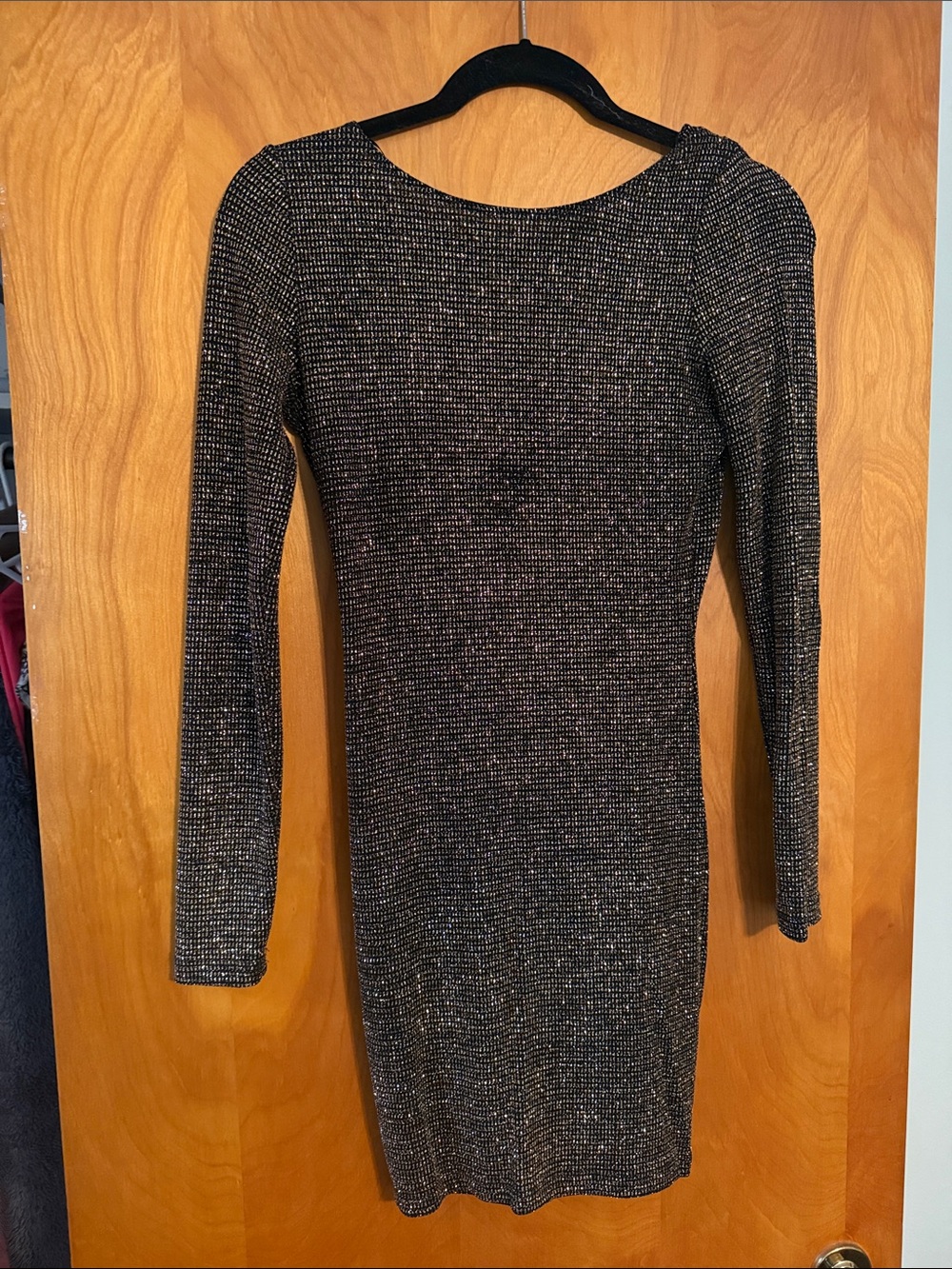 Long-Sleeve Metallic Knit Bodycon Dress in Black